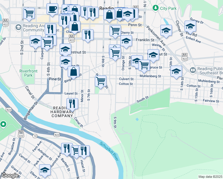 map of restaurants, bars, coffee shops, grocery stores, and more near 544 South 9th Street in Reading