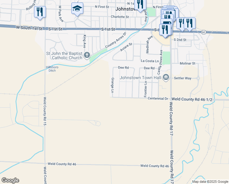 map of restaurants, bars, coffee shops, grocery stores, and more near 483 Grange Lane in Johnstown