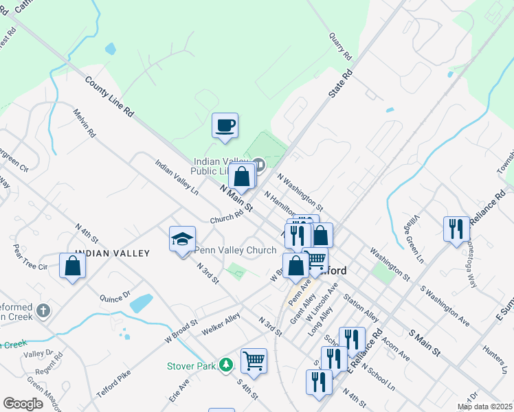 map of restaurants, bars, coffee shops, grocery stores, and more near 320 North Main Street in Telford