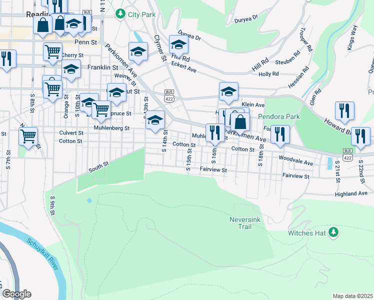 map of restaurants, bars, coffee shops, grocery stores, and more near 542 South 15th Street in Reading
