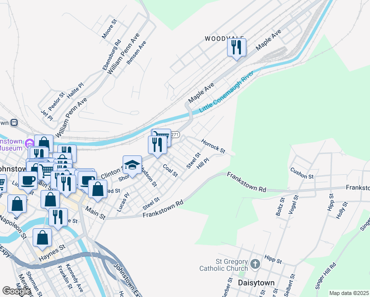 map of restaurants, bars, coffee shops, grocery stores, and more near 135-199 Osprey Pl in Johnstown