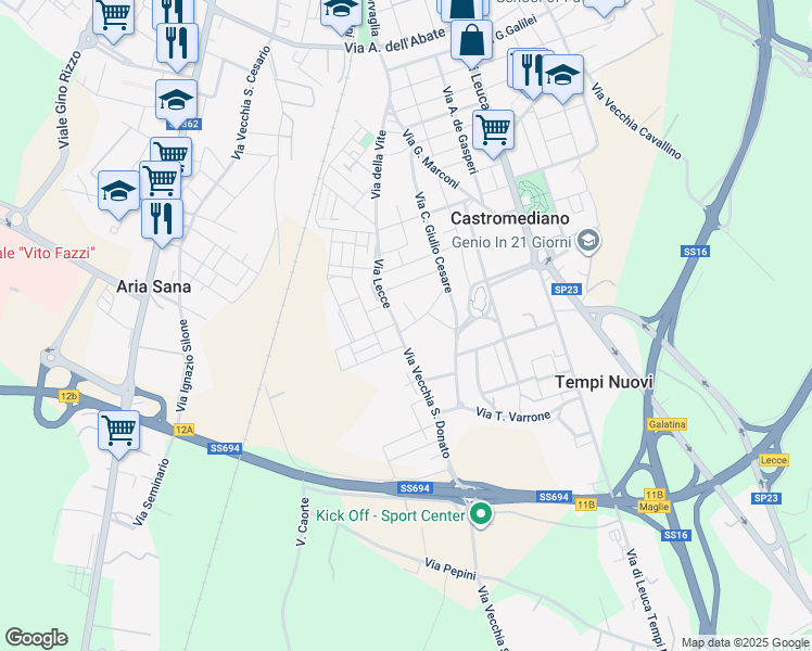 map of restaurants, bars, coffee shops, grocery stores, and more near 10 Via Luciano Sambati in Castromediano