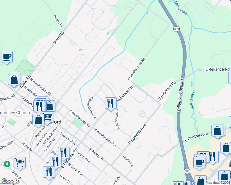 map of restaurants, bars, coffee shops, grocery stores, and more near 401 East Reliance Road in Telford