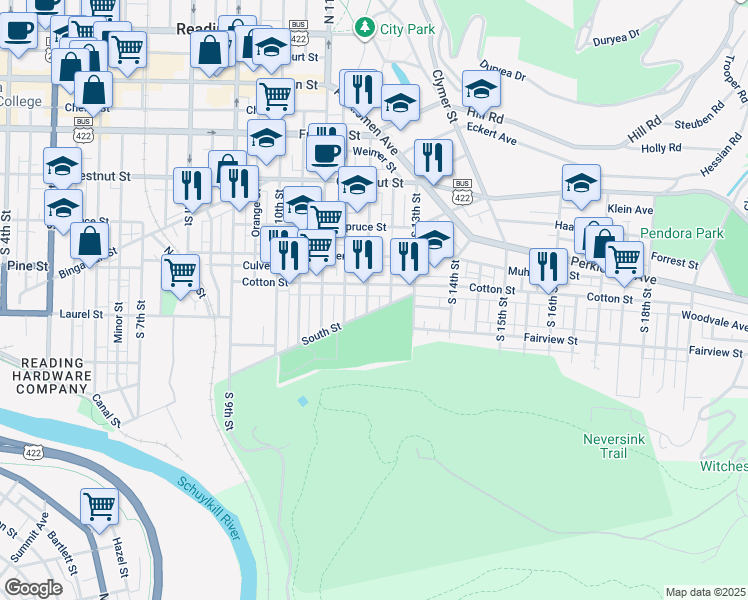 map of restaurants, bars, coffee shops, grocery stores, and more near 521 South 12th Street in Reading