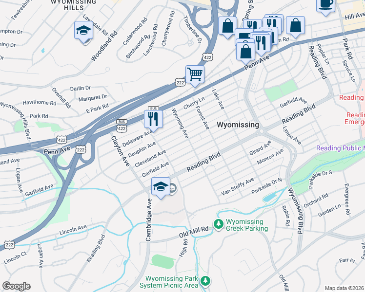 map of restaurants, bars, coffee shops, grocery stores, and more near 1533 Garfield Avenue in Wyomissing
