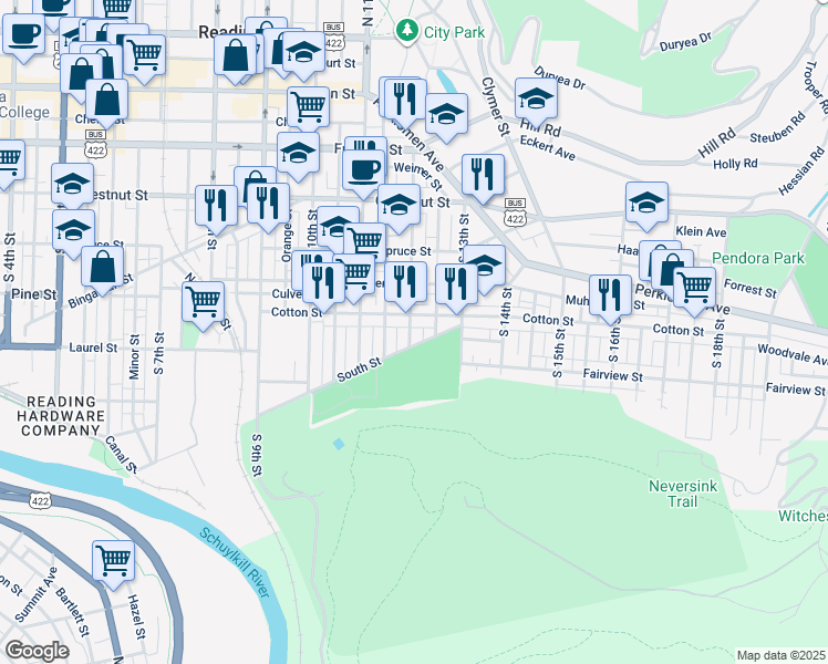 map of restaurants, bars, coffee shops, grocery stores, and more near 521 South 12th Street in Reading