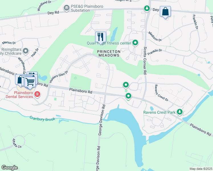 map of restaurants, bars, coffee shops, grocery stores, and more near 7715 Tamarron Drive in Plainsboro Township