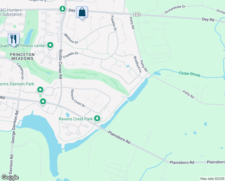 map of restaurants, bars, coffee shops, grocery stores, and more near 1801 Ravens Crest Drive in Plainsboro Township