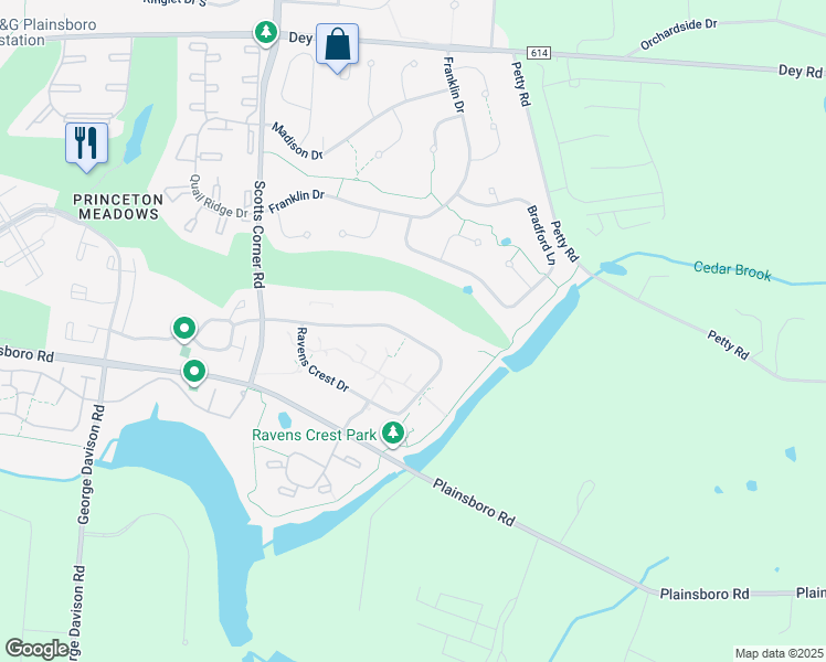 map of restaurants, bars, coffee shops, grocery stores, and more near 5419 Ravens Crest Drive in Plainsboro Township
