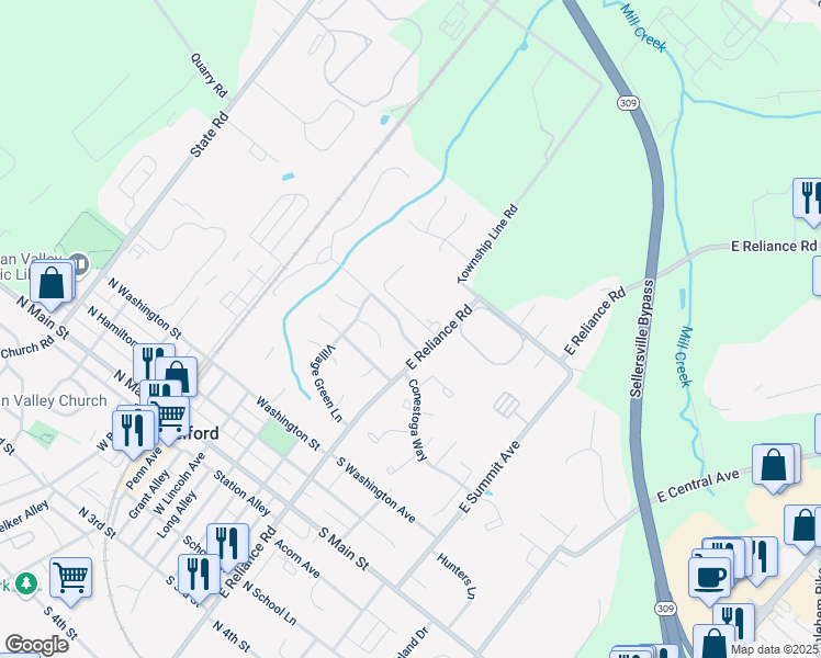 map of restaurants, bars, coffee shops, grocery stores, and more near 401 East Reliance Road in Telford