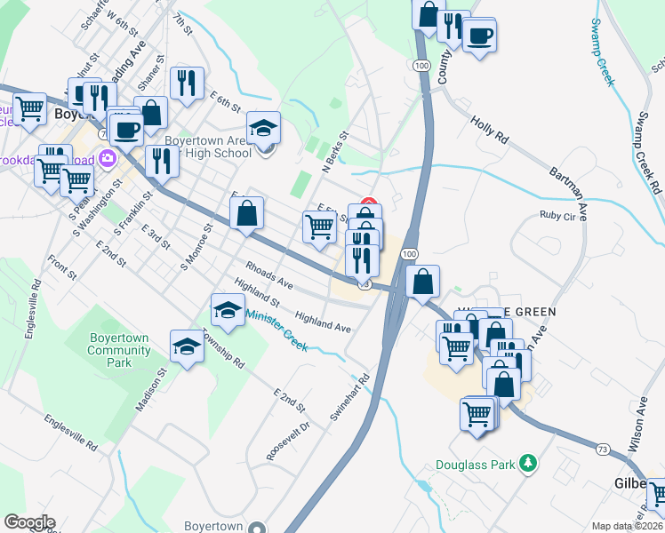 map of restaurants, bars, coffee shops, grocery stores, and more near 810 East Philadelphia Avenue in Boyertown