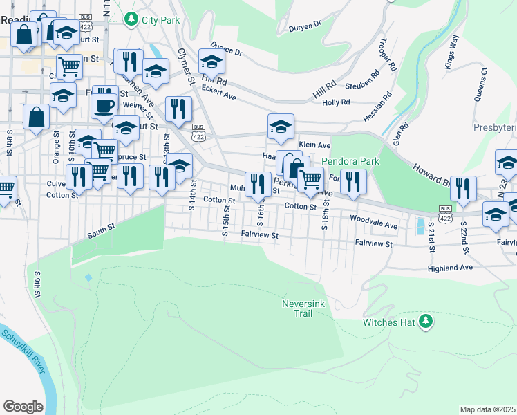 map of restaurants, bars, coffee shops, grocery stores, and more near 529 South 16th Street in Reading