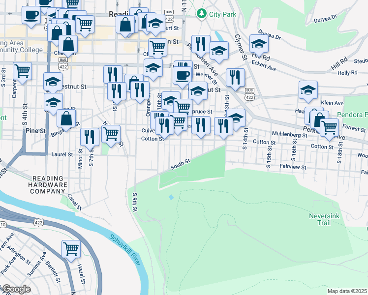 map of restaurants, bars, coffee shops, grocery stores, and more near 521 South 11th Street in Reading