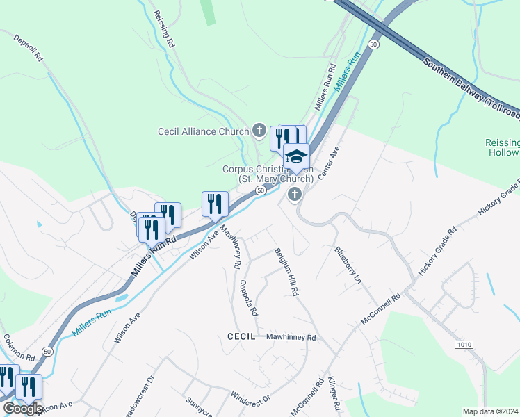 map of restaurants, bars, coffee shops, grocery stores, and more near 36 Cecil Elementary Drive in Cecil-Bishop