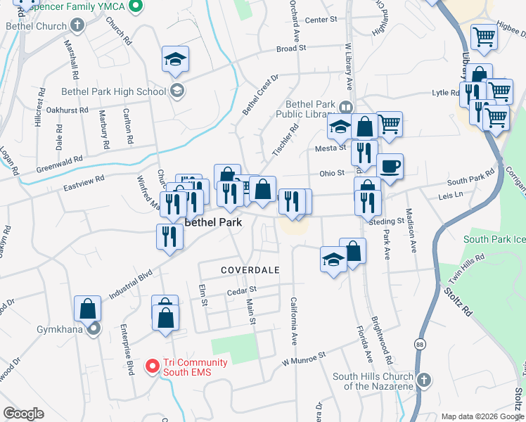 map of restaurants, bars, coffee shops, grocery stores, and more near 2822 South Park Road in Bethel Park