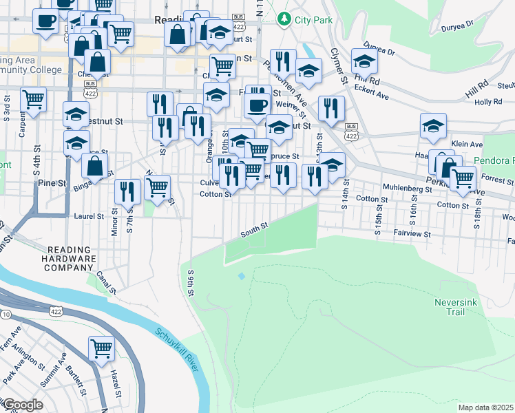 map of restaurants, bars, coffee shops, grocery stores, and more near 521 South 11th Street in Reading