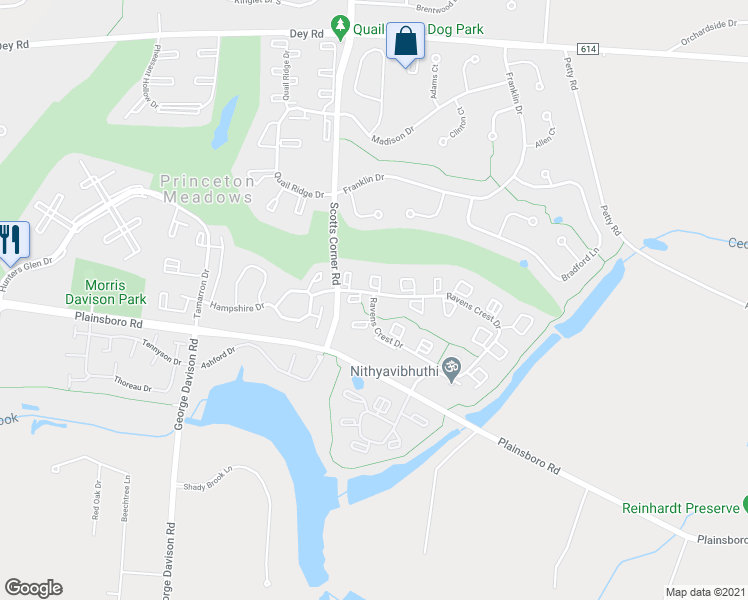 map of restaurants, bars, coffee shops, grocery stores, and more near 6708 Ravens Crest Drive in Plainsboro Township