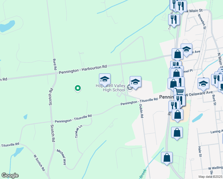 map of restaurants, bars, coffee shops, grocery stores, and more near 51 South Timberlane Drive in Pennington