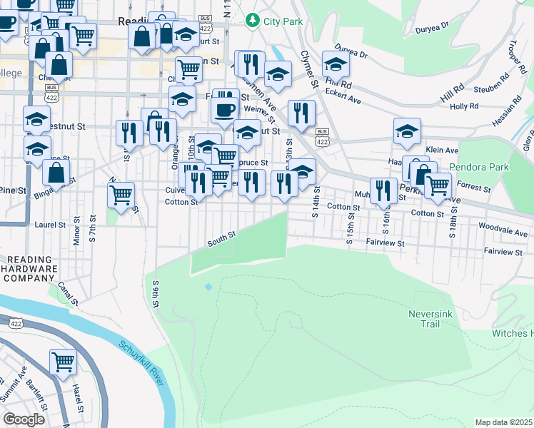 map of restaurants, bars, coffee shops, grocery stores, and more near 1221 South Street in Reading