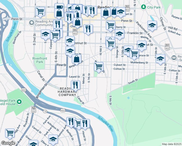 map of restaurants, bars, coffee shops, grocery stores, and more near 451 South 7th Street in Reading