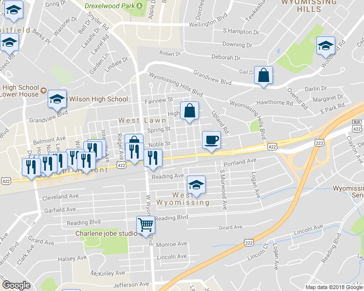 map of restaurants, bars, coffee shops, grocery stores, and more near 2124 Noble Street in Reading