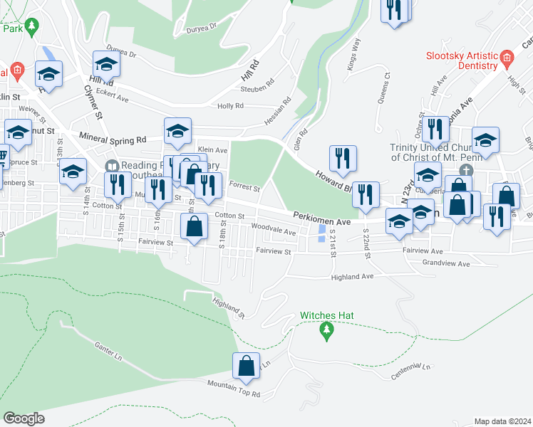 map of restaurants, bars, coffee shops, grocery stores, and more near 1912 Perkiomen Avenue in Reading