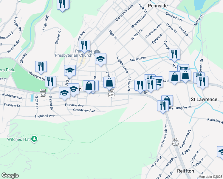 map of restaurants, bars, coffee shops, grocery stores, and more near 2602 Perkiomen Avenue in Mount Penn