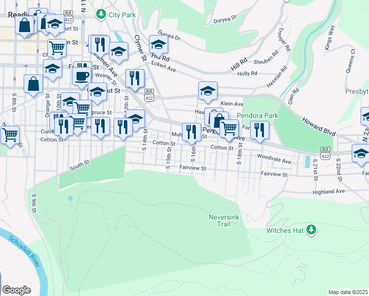map of restaurants, bars, coffee shops, grocery stores, and more near 541 South 15 1/2 Street in Reading