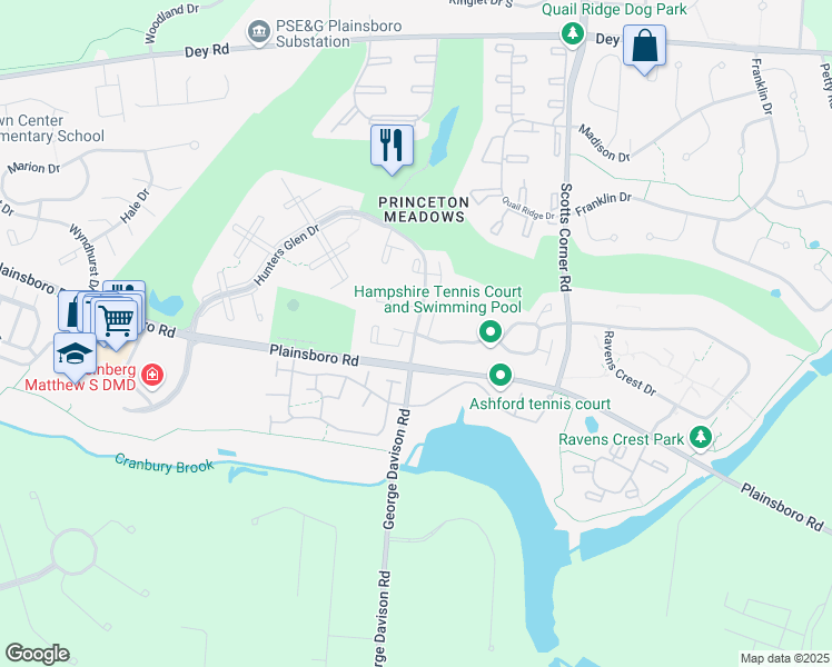map of restaurants, bars, coffee shops, grocery stores, and more near 23 Hampshire Drive in Plainsboro Township