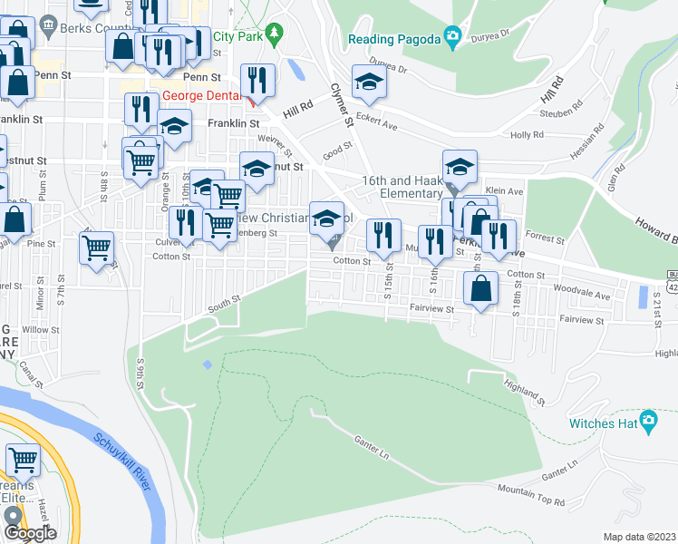 map of restaurants, bars, coffee shops, grocery stores, and more near 514 South 14th Street in Reading