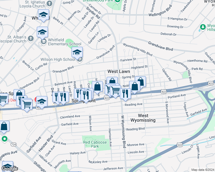 map of restaurants, bars, coffee shops, grocery stores, and more near 2341 Noble Street in West Lawn