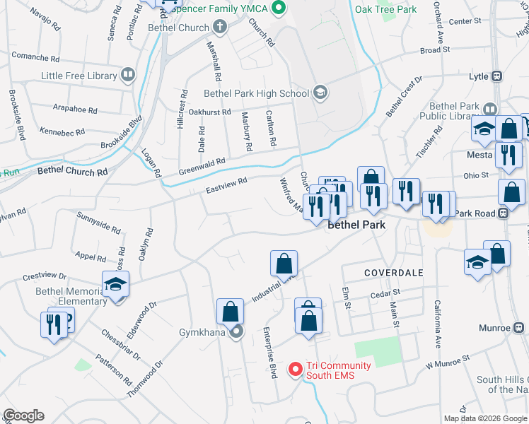 map of restaurants, bars, coffee shops, grocery stores, and more near 3050 South Park Road in Bethel Park