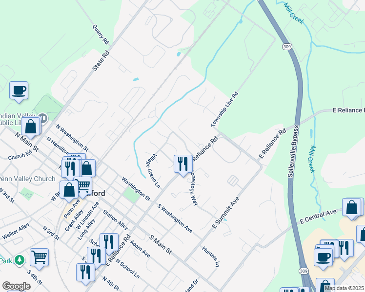 map of restaurants, bars, coffee shops, grocery stores, and more near 218 Spring House Lane in Telford