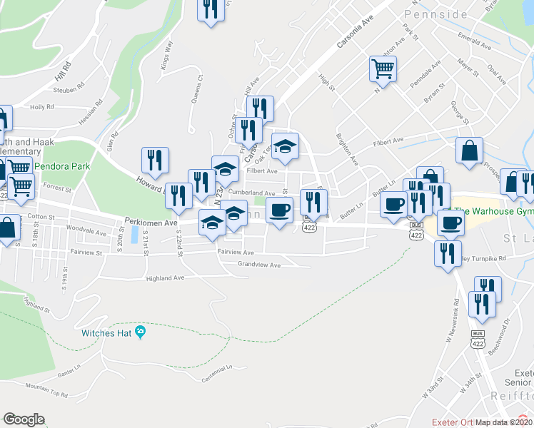 map of restaurants, bars, coffee shops, grocery stores, and more near 2433 Perkiomen Avenue in Reading