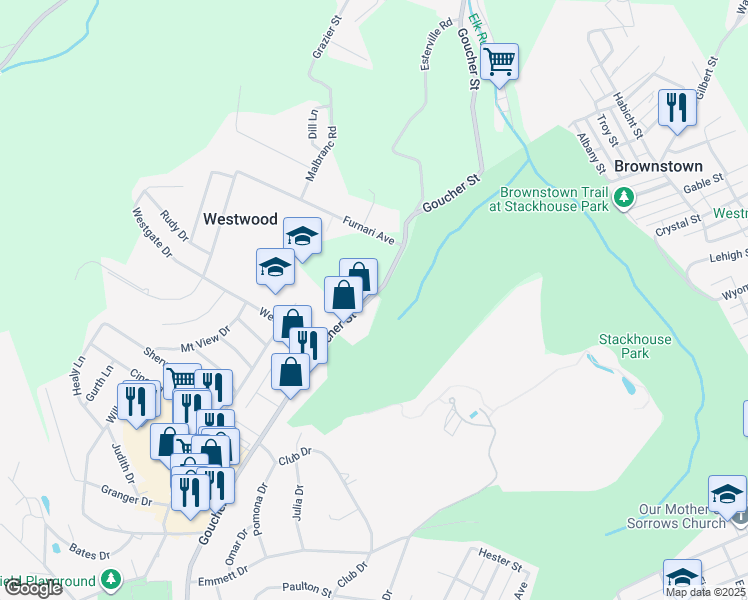 map of restaurants, bars, coffee shops, grocery stores, and more near 1892 Goucher Street in Johnstown