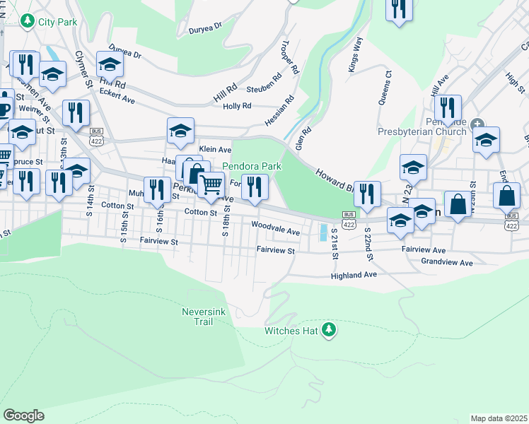 map of restaurants, bars, coffee shops, grocery stores, and more near 500 Heine Street in Reading
