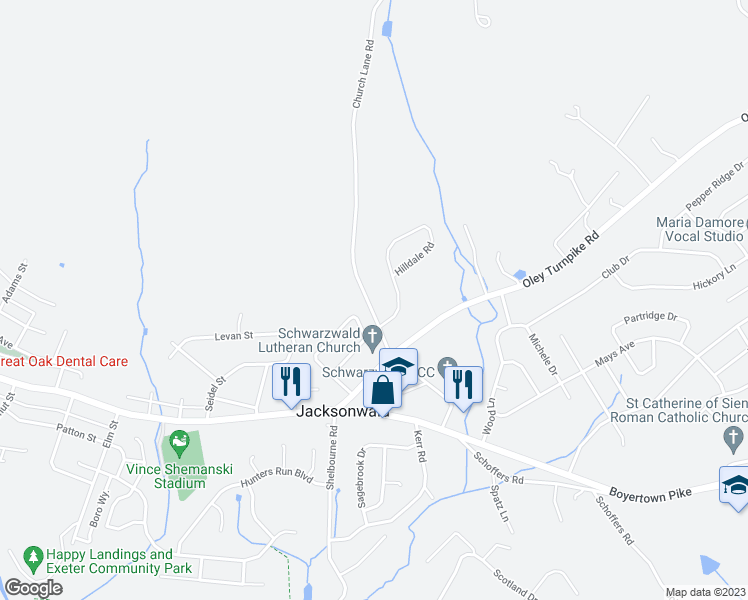 map of restaurants, bars, coffee shops, grocery stores, and more near 321 Church Lane Road in Reading