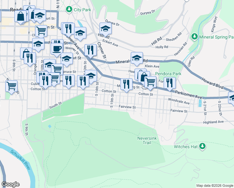 map of restaurants, bars, coffee shops, grocery stores, and more near 541 South 15 1/2 Street in Reading