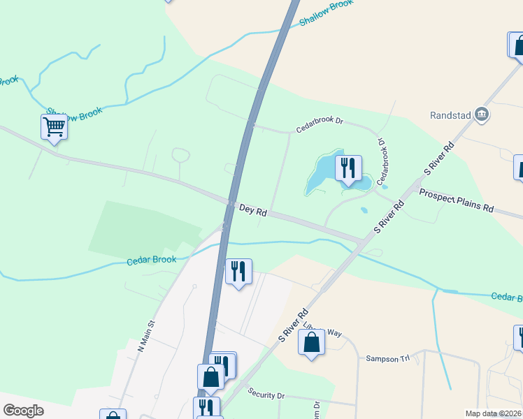 map of restaurants, bars, coffee shops, grocery stores, and more near 222 Dey Road in Cranbury Township