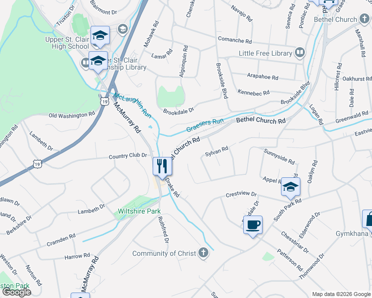 map of restaurants, bars, coffee shops, grocery stores, and more near 3340 Sylvan Road in Bethel Park