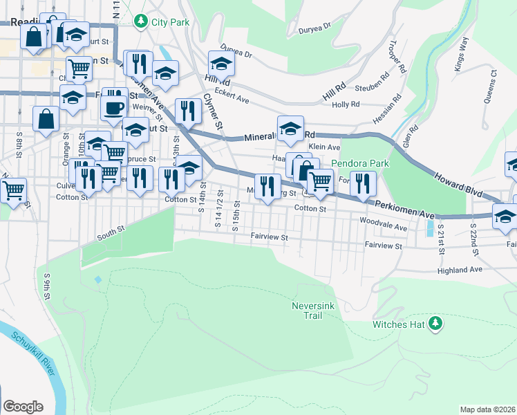 map of restaurants, bars, coffee shops, grocery stores, and more near 541 South 15 1/2 Street in Reading