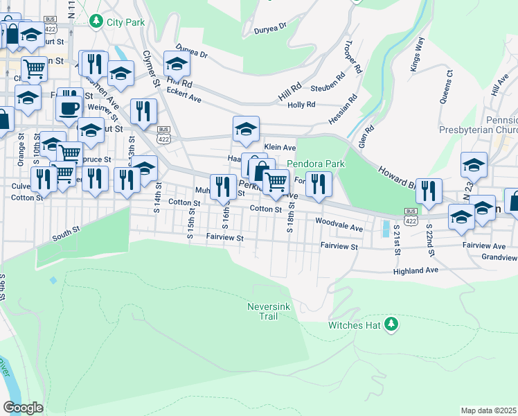 map of restaurants, bars, coffee shops, grocery stores, and more near Cotton Street in Reading
