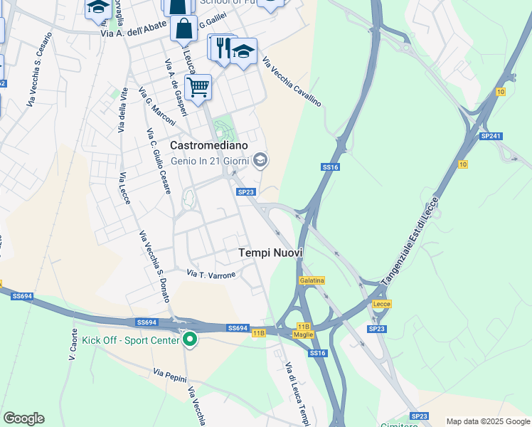 map of restaurants, bars, coffee shops, grocery stores, and more near SP23 in Castromediano