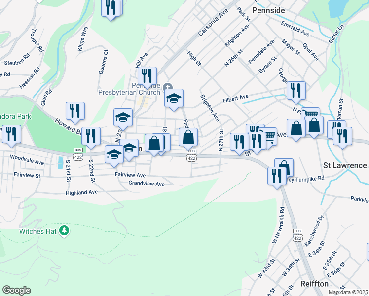 map of restaurants, bars, coffee shops, grocery stores, and more near 2554 Grant Street in Reading