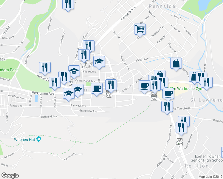 map of restaurants, bars, coffee shops, grocery stores, and more near 2554 Grant Street in Reading