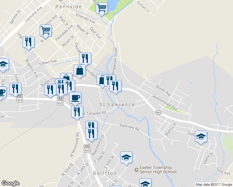 map of restaurants, bars, coffee shops, grocery stores, and more near 19 Bingaman Street in Reading