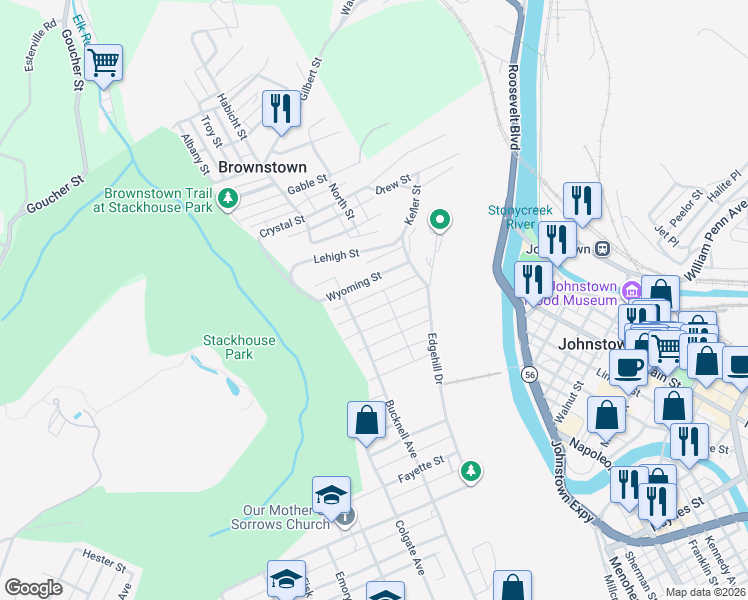 map of restaurants, bars, coffee shops, grocery stores, and more near 101-199 Clarion St in Johnstown