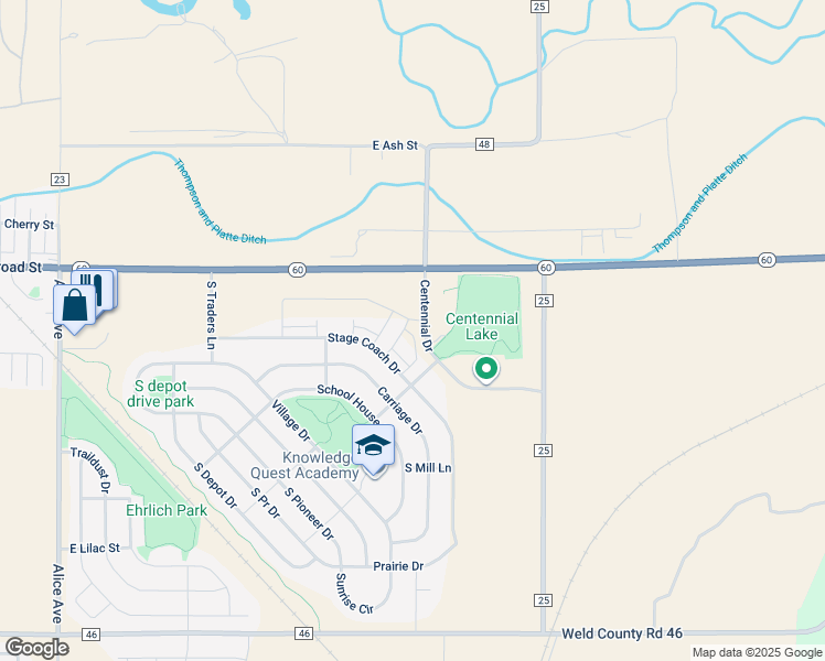 map of restaurants, bars, coffee shops, grocery stores, and more near 2681 Stage Coach Drive in Milliken