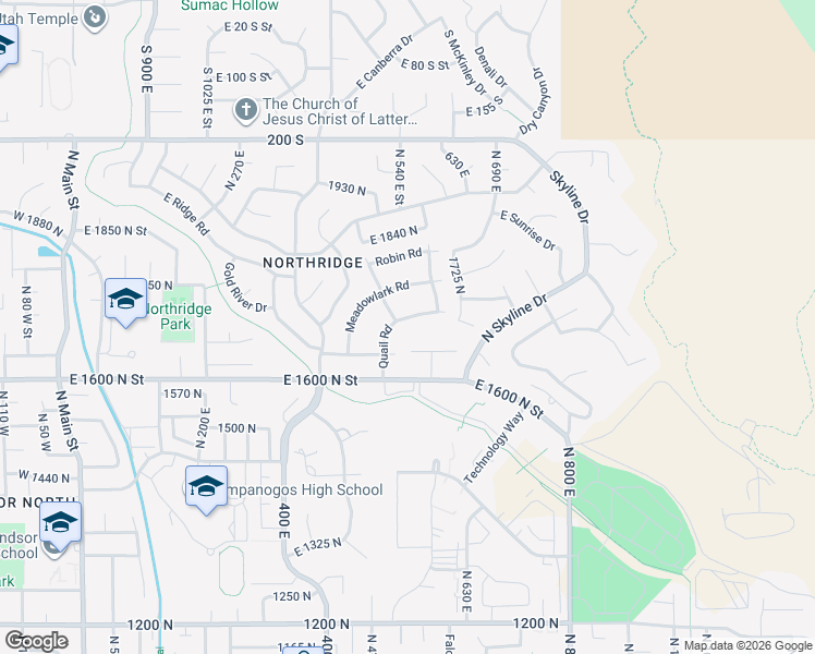 map of restaurants, bars, coffee shops, grocery stores, and more near 560 East 1640 North Street in Orem