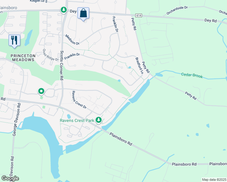 map of restaurants, bars, coffee shops, grocery stores, and more near 1801 Ravens Crest Drive in Plainsboro Township